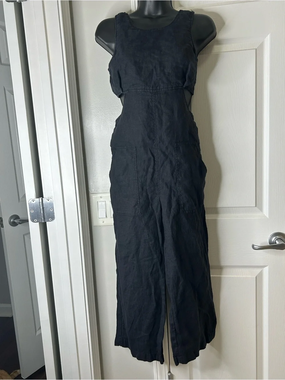 Zara Black Linen Blend Cut Out Wide Leg Jumpsuit w/ Pockets Size 13-14